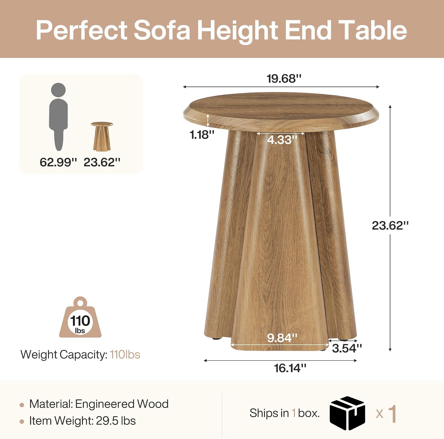 23.6" Round End Table, Modern Accent Side Table with Fluted Pedestal Base
