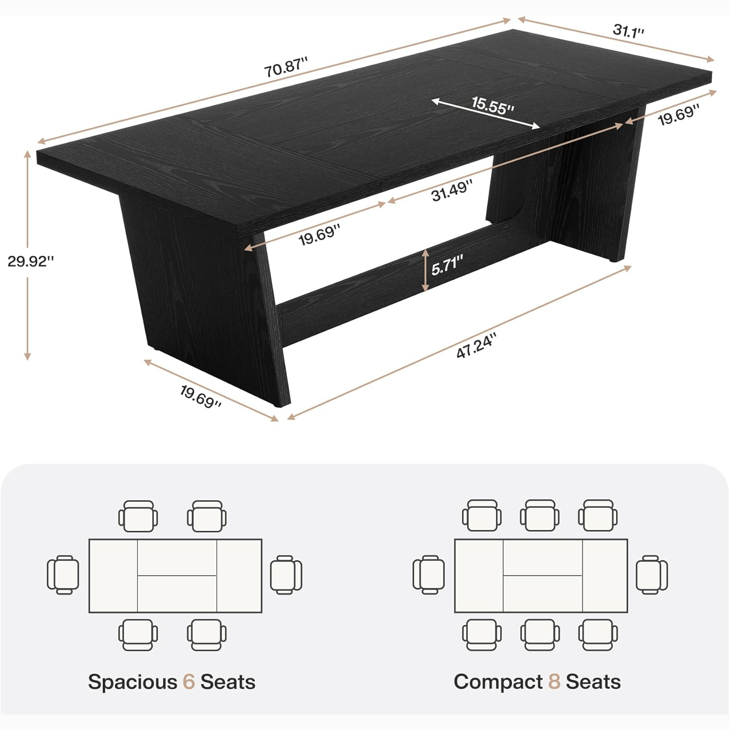70.87" Rustic Brown Dining Table, Large Farmhouse Rectangular Table with Solid Pedestal Base