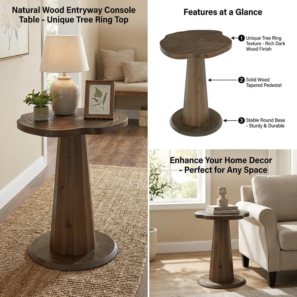 20.8" End Table, Solid Wood Round Pedestal Side Table with Tree-Ring Patterns