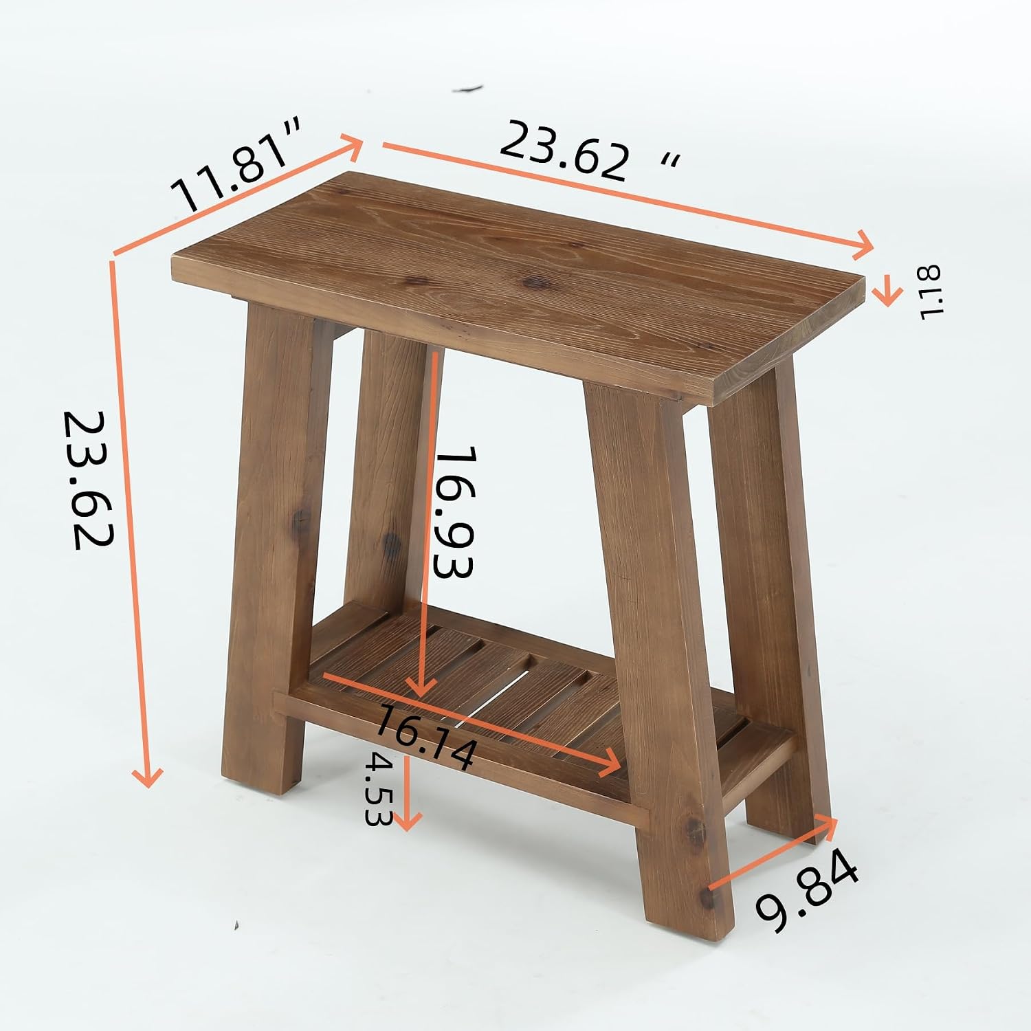 23.6" Solid Wood End Table, Narrow Side Table for Sofa Couch with Shelves