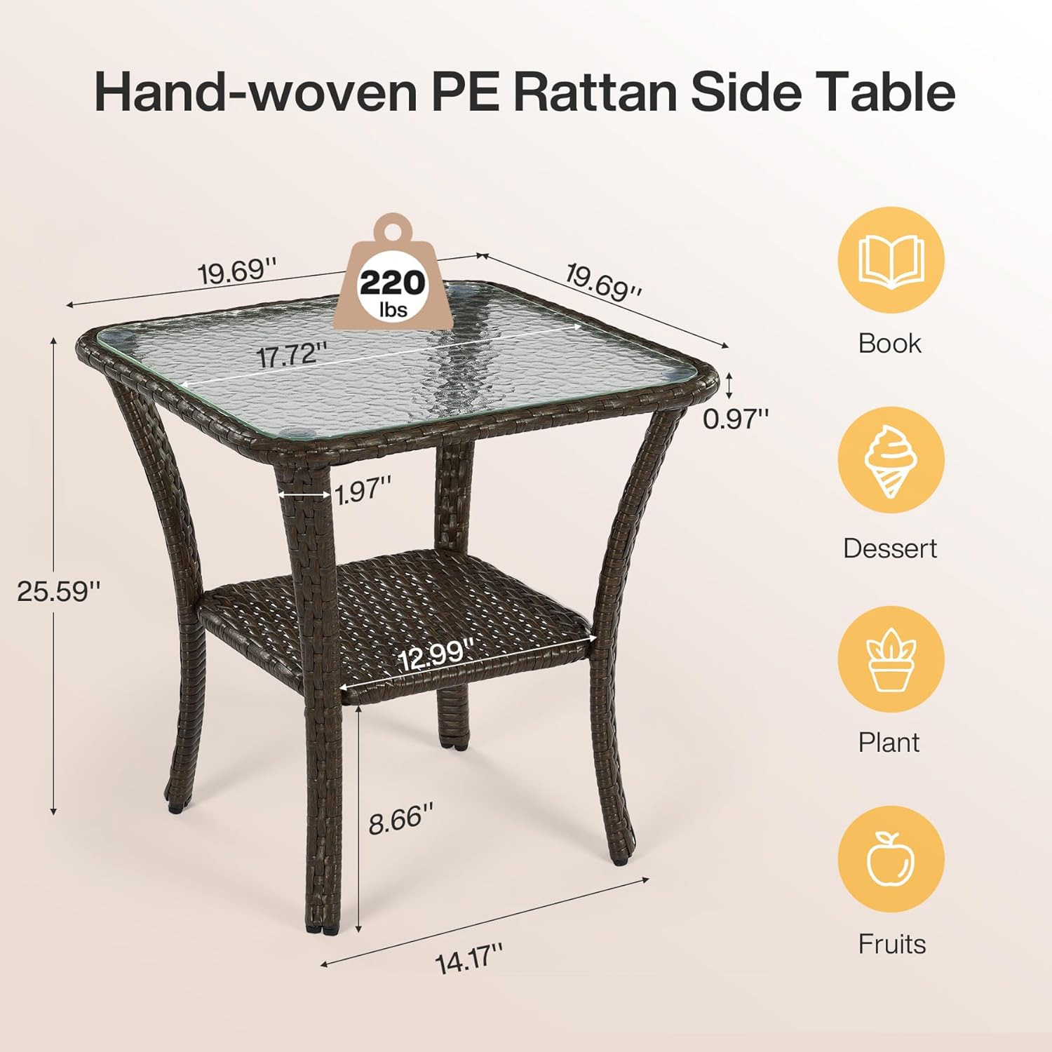 Outdoor Side Table, Rattan Wicker Table with Tempered Glass Top