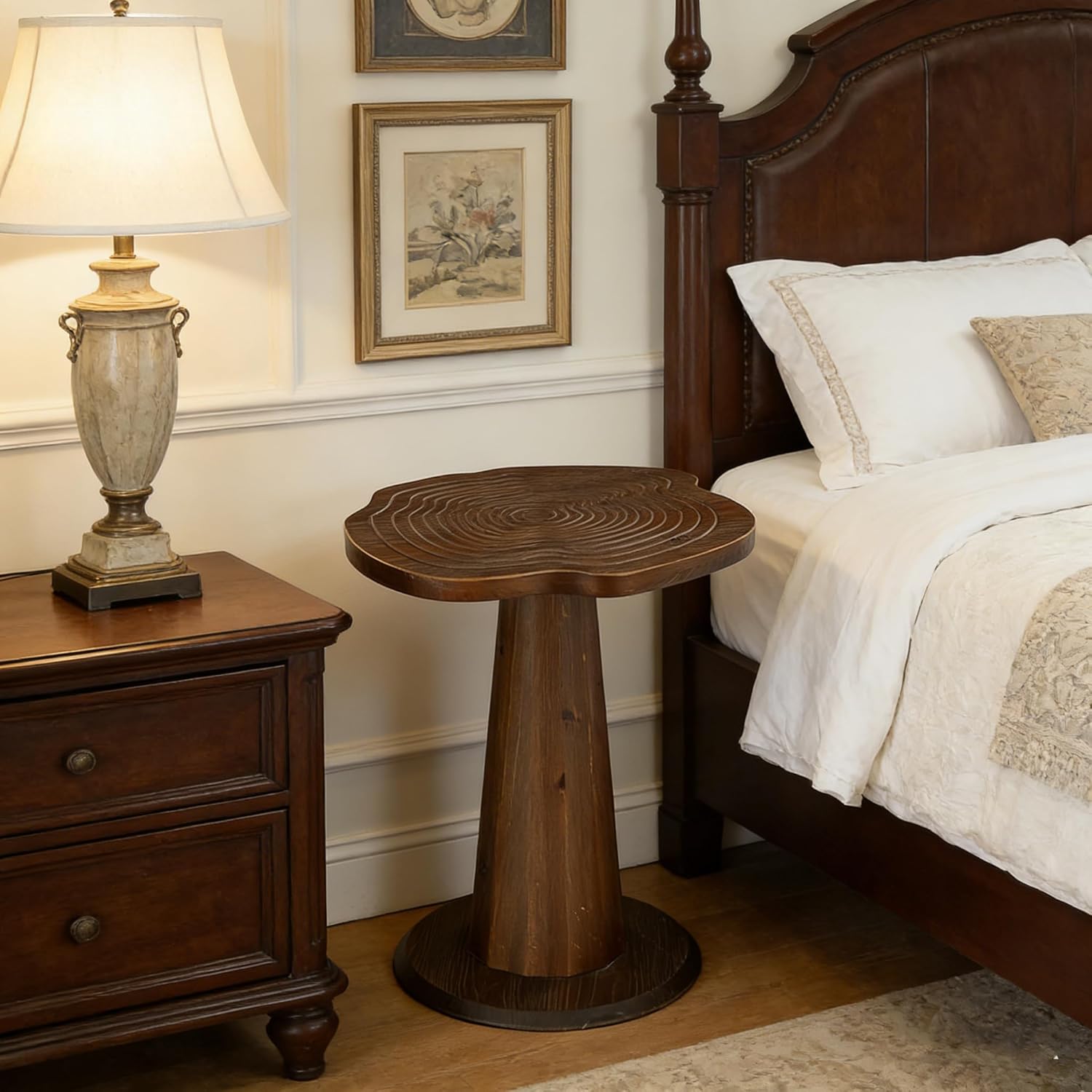 20.8" End Table, Solid Wood Round Pedestal Side Table with Tree-Ring Patterns