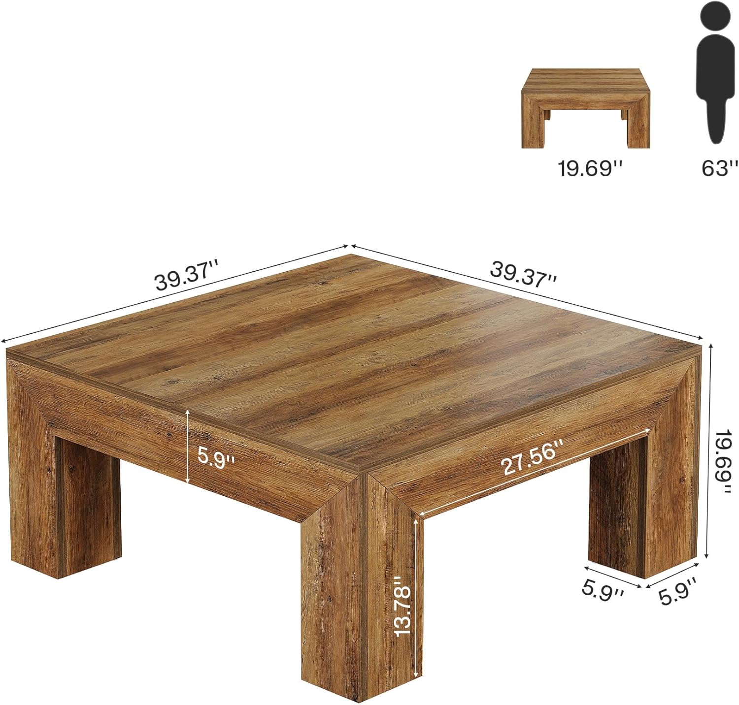 Square Coffee Table, 39.37"  Center Tea Accent Table with Sturdy Legs