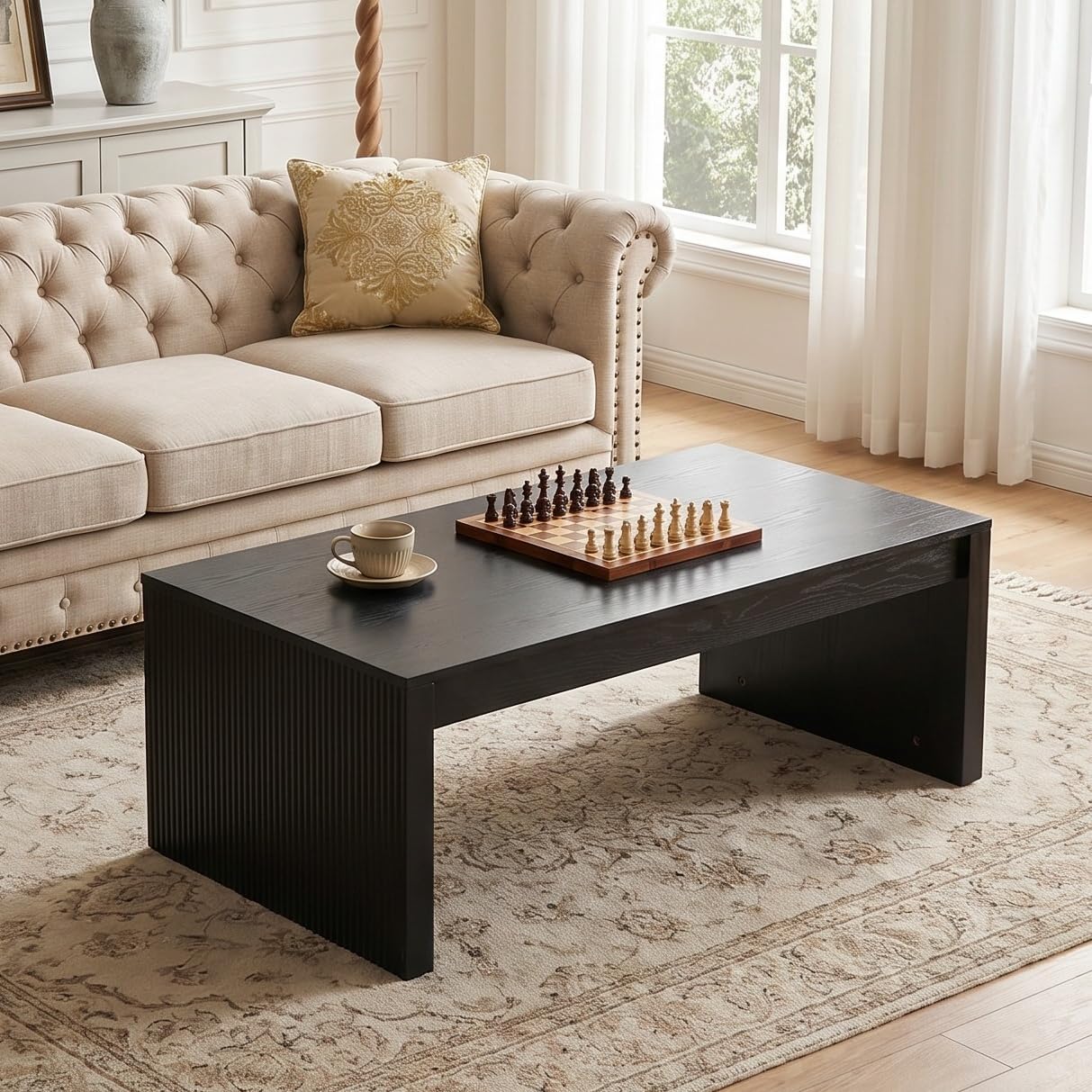 47" Modern Coffee Table, Rectangular Low Cocktail Tea Furniture with Fluted Base