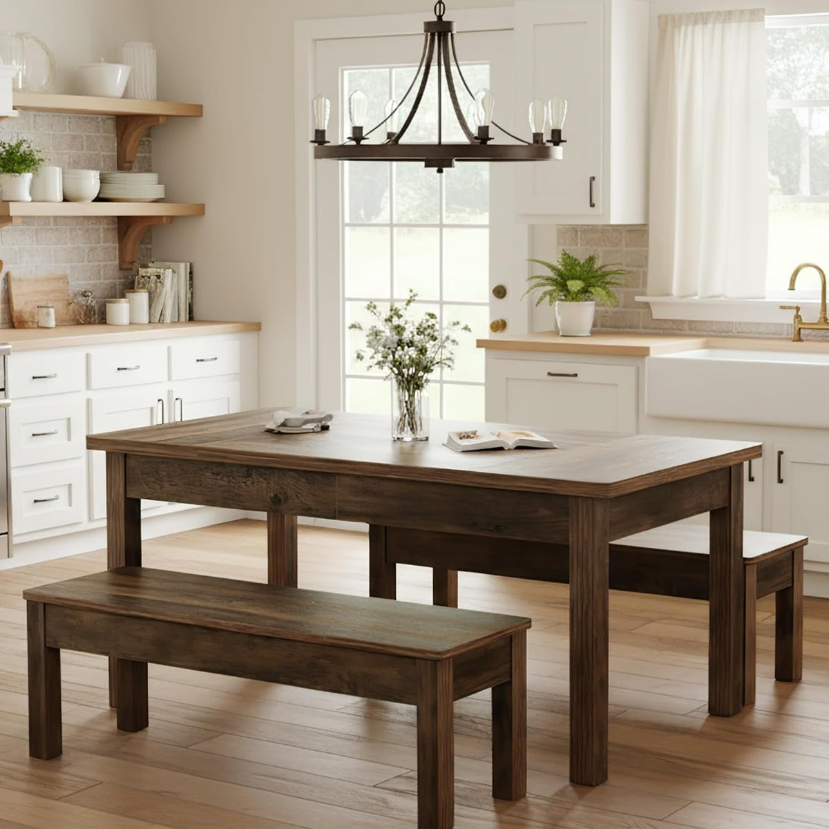 55" Farmhouse Kitchen Table Set for 4–6 People, 3 Piece Space Saving Dining Table with 2 Benches