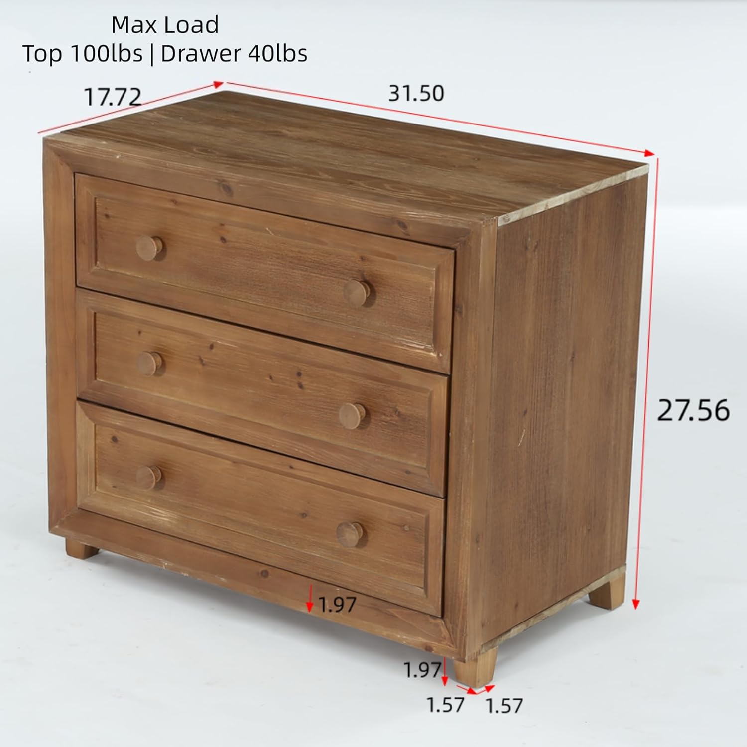 31.5" Wide Nightstand, Solid Wood Bedside Table with 3 Drawers
