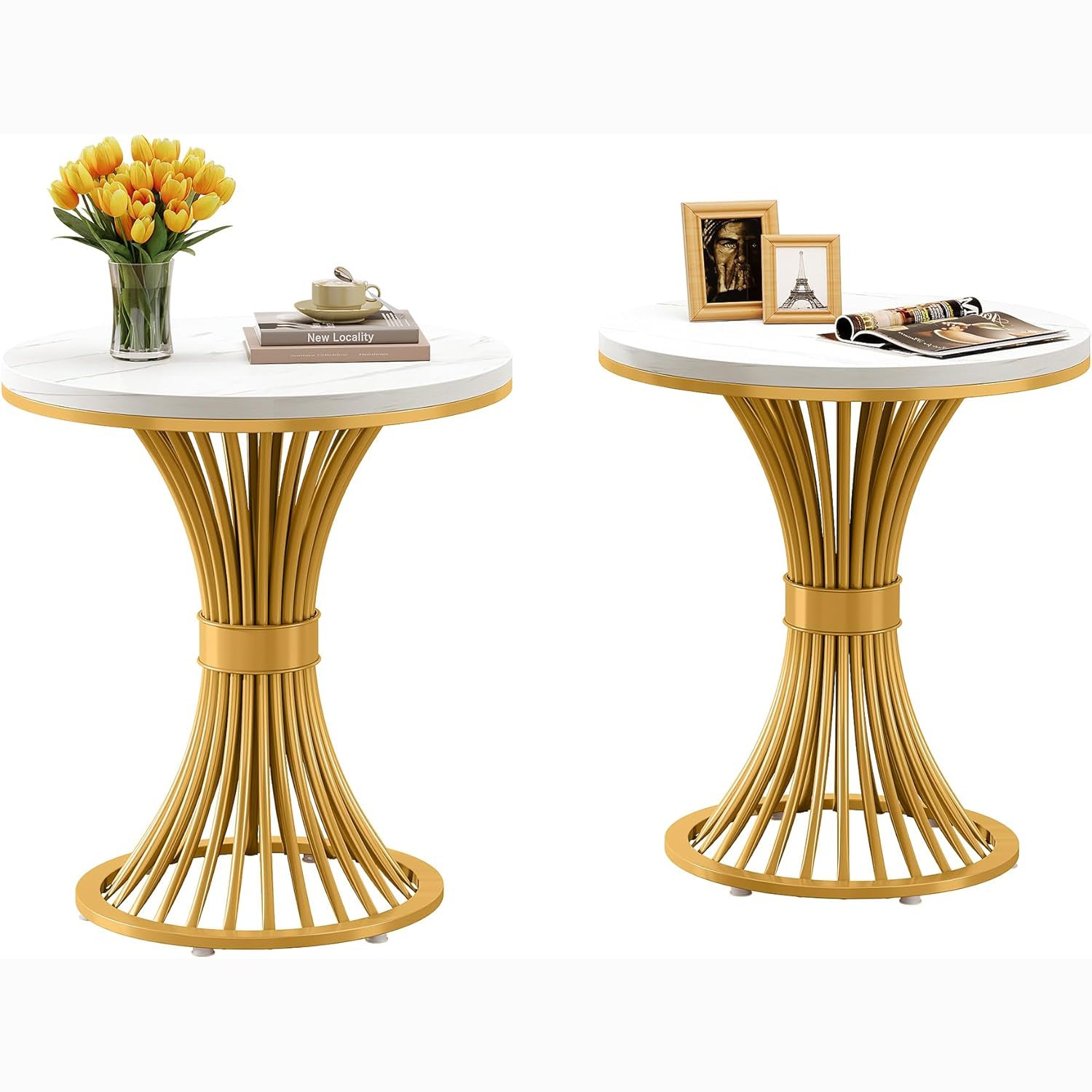Tribesigns Set of 2 Round End Tables, Modern Faux Marble with Gold Base