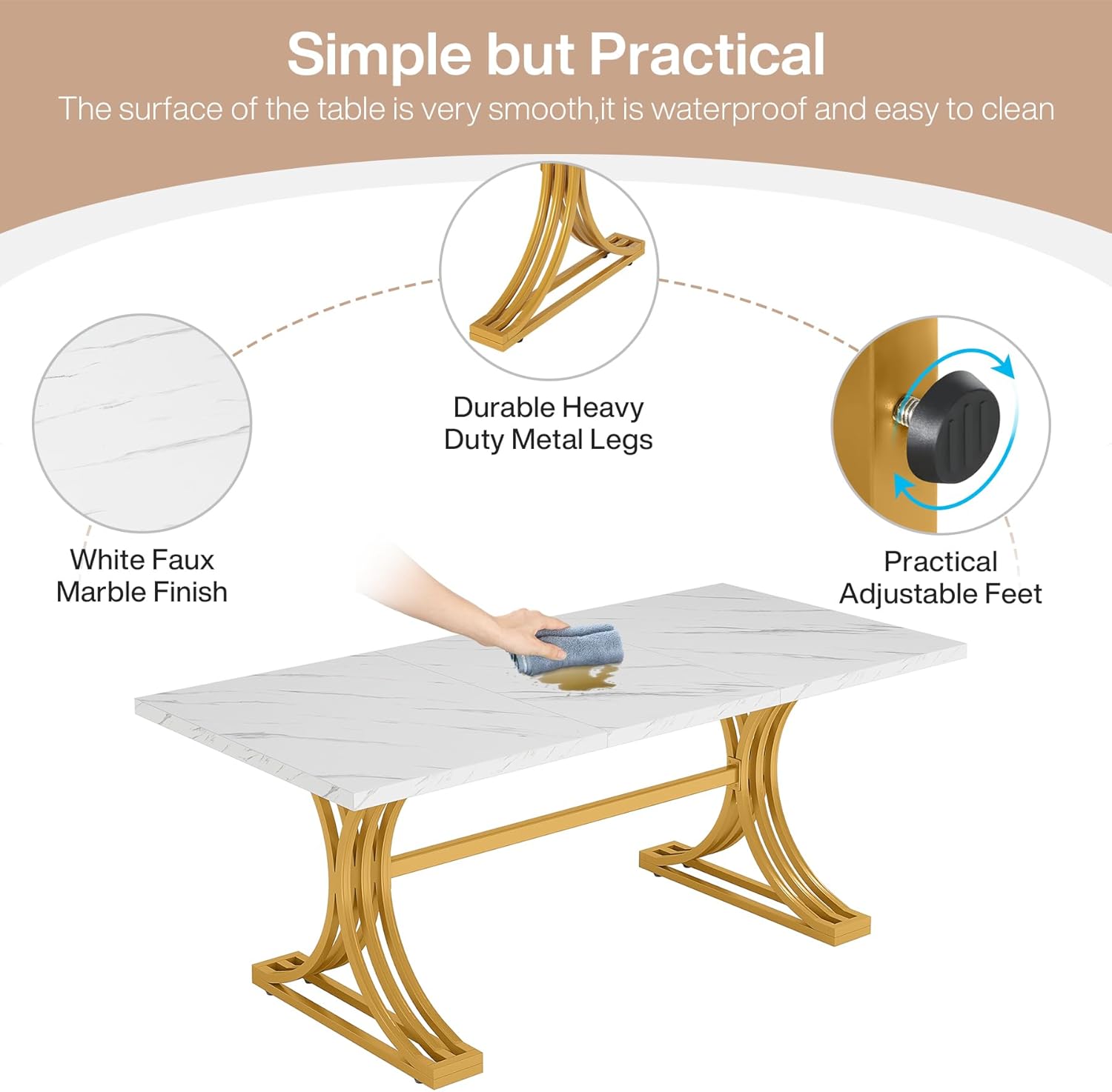 63" Computer Desk with Faux Marble Surface and Gold Metal Base, Modern Executive Desk