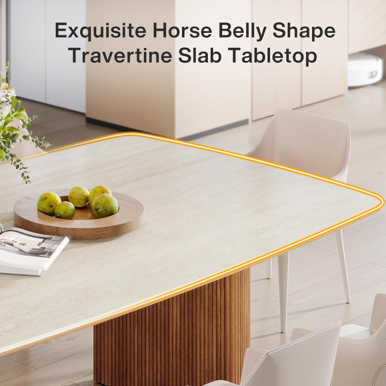 78.7" Travertine Slab Dining Table, Kitchen Table With Semi-Circular Stripe Base
