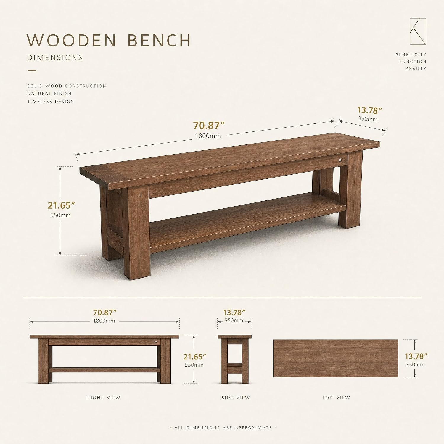 71" Extra Long Entryway Bench with Shoe Storage, Rustic Farmhouse Solid Wood, 2-Tier, Hallway