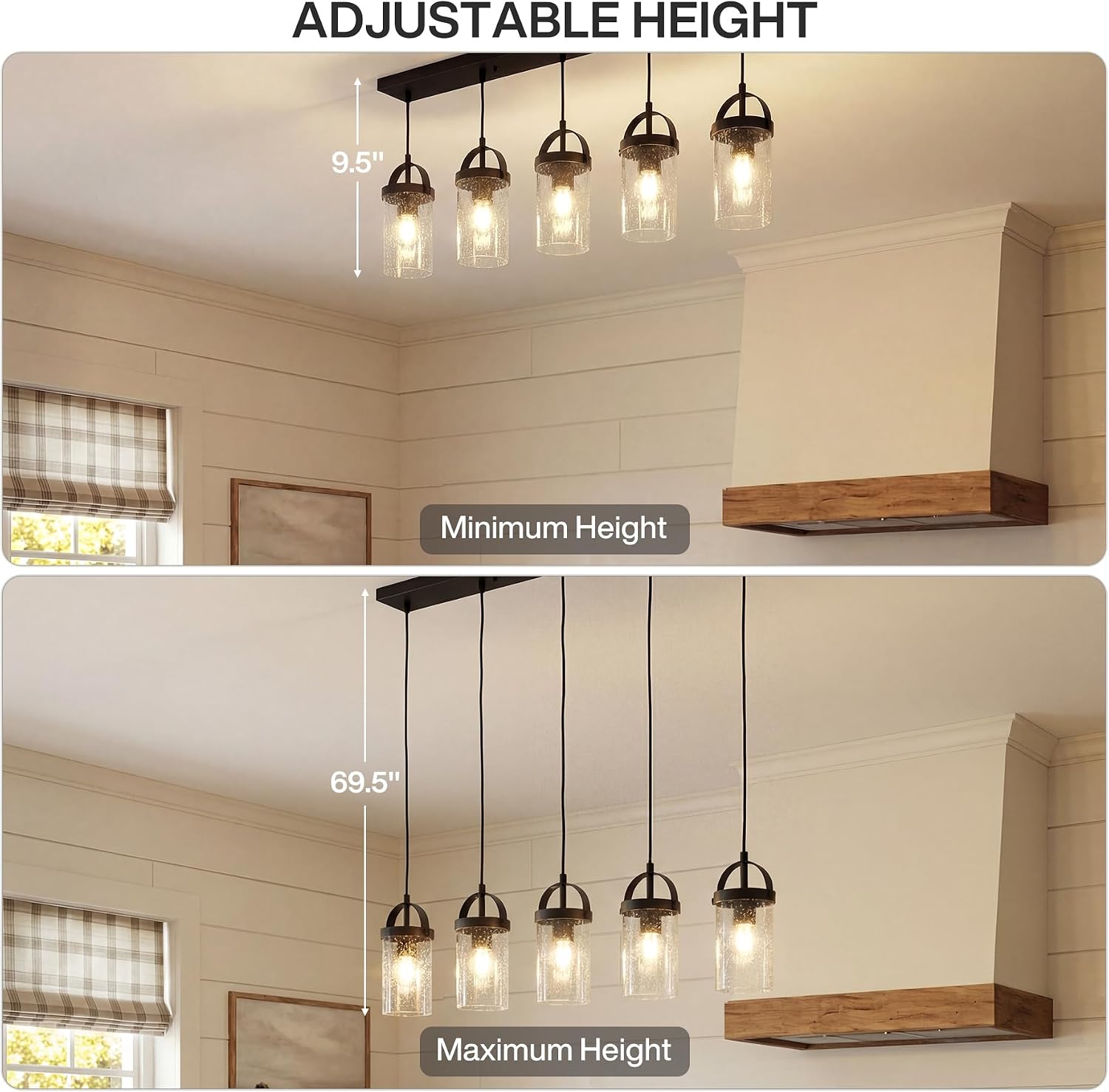 5-Light Linear Chandelier, Kitchen Island Lighting Fixture with Seeded Glass Shades, E26 Socket