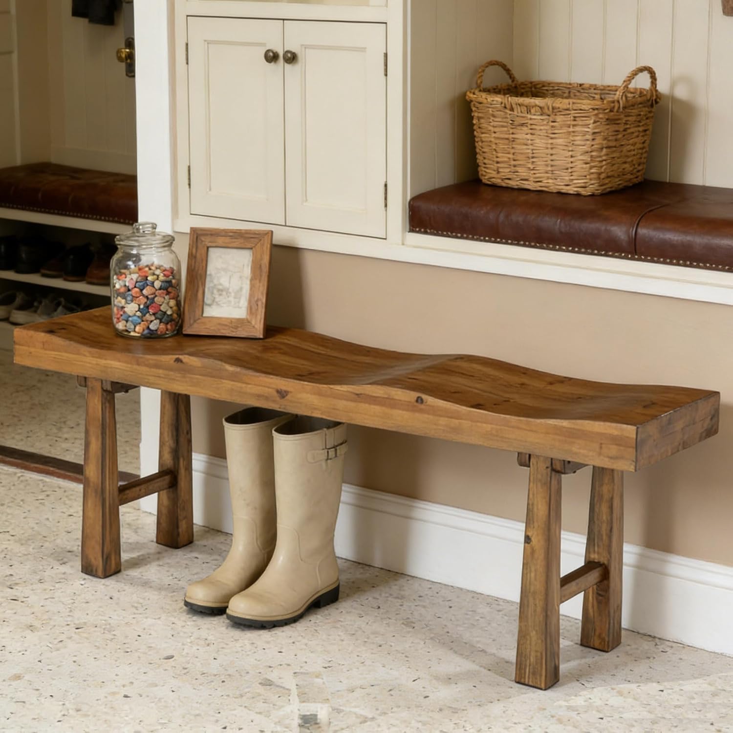55" Entryway Bench, Solid Wood Storage Bench with Wave-Top Design for Foyer