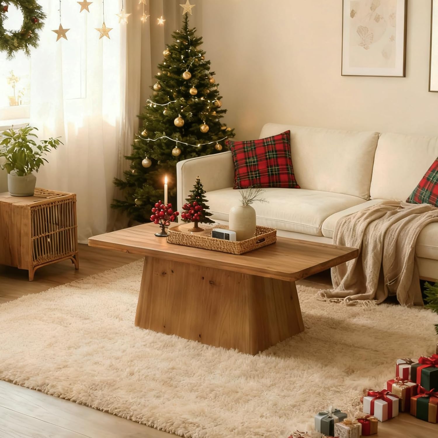 47" Wood Coffee Table, Farmhouse Center Table Tea Table with Sturdy Pedestal