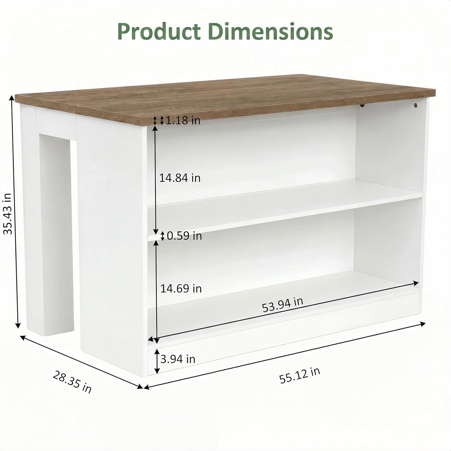 55" Farmhouse Kitchen Island, Stationary Island Prep Dining Table with 2-Tier Open Shelves