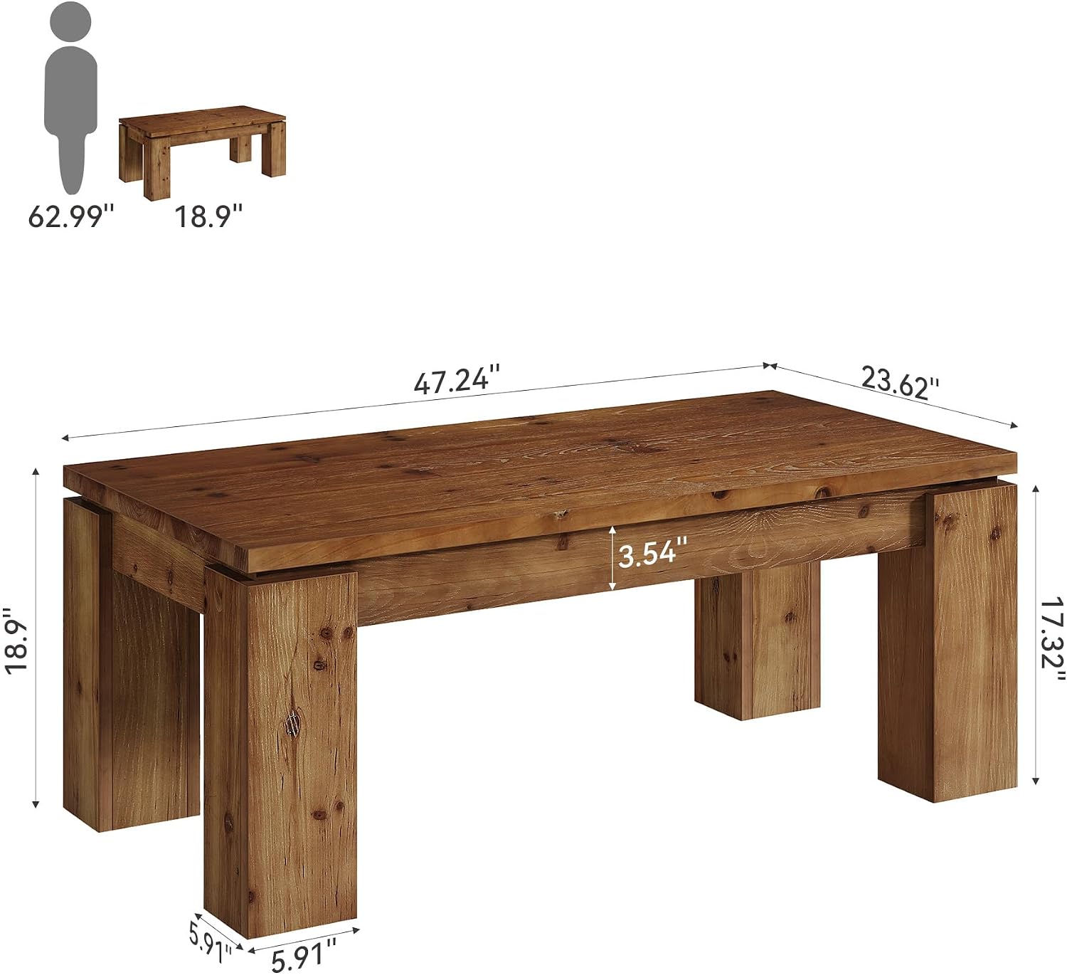 47" Solid Wood Coffee Table, Rectangular Chunky Leg Center Table Cocktail Tea Table