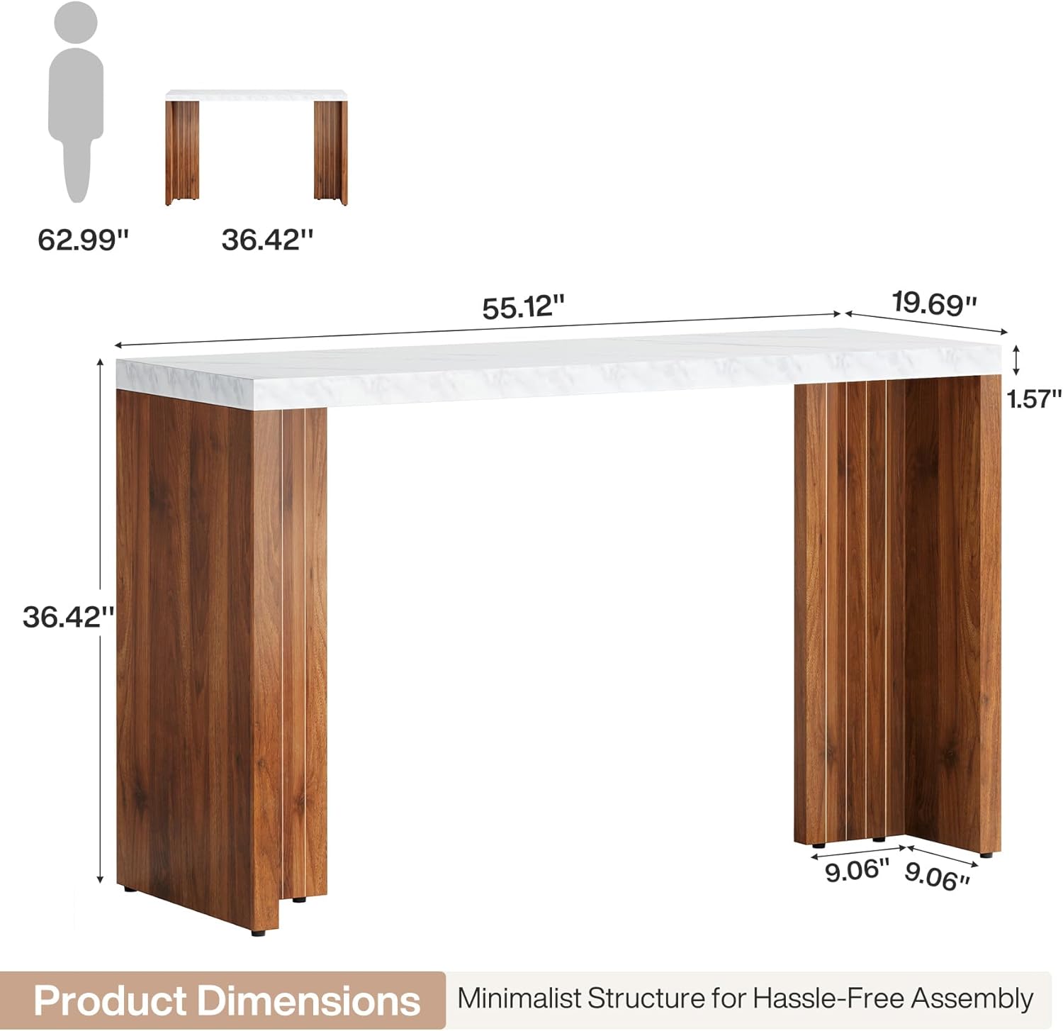 55" Bar Table, Moedern Counter Height Pub Table with Faux Marble Tabletop