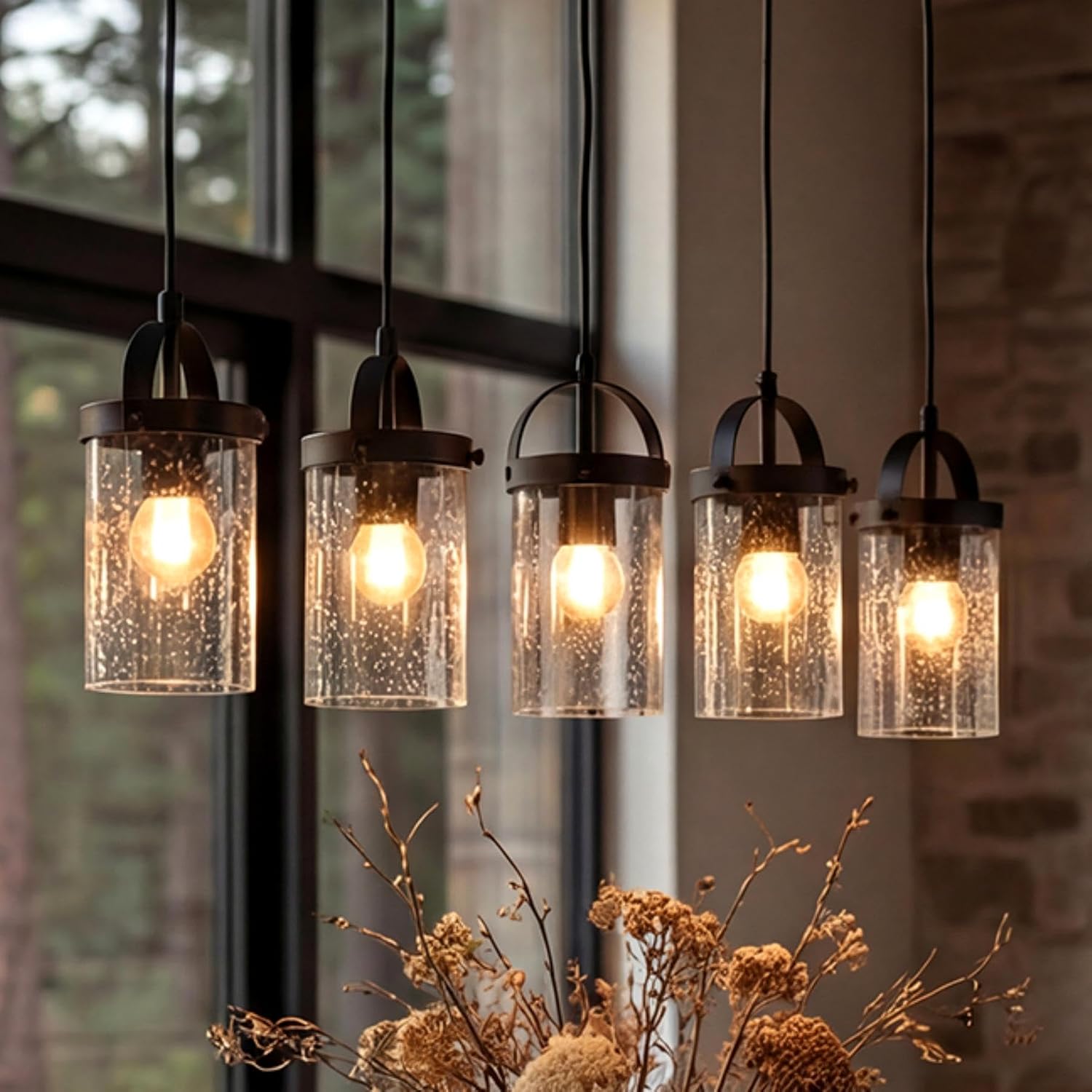 5-Light Linear Chandelier, Kitchen Island Lighting Fixture with Seeded Glass Shades, E26 Socket