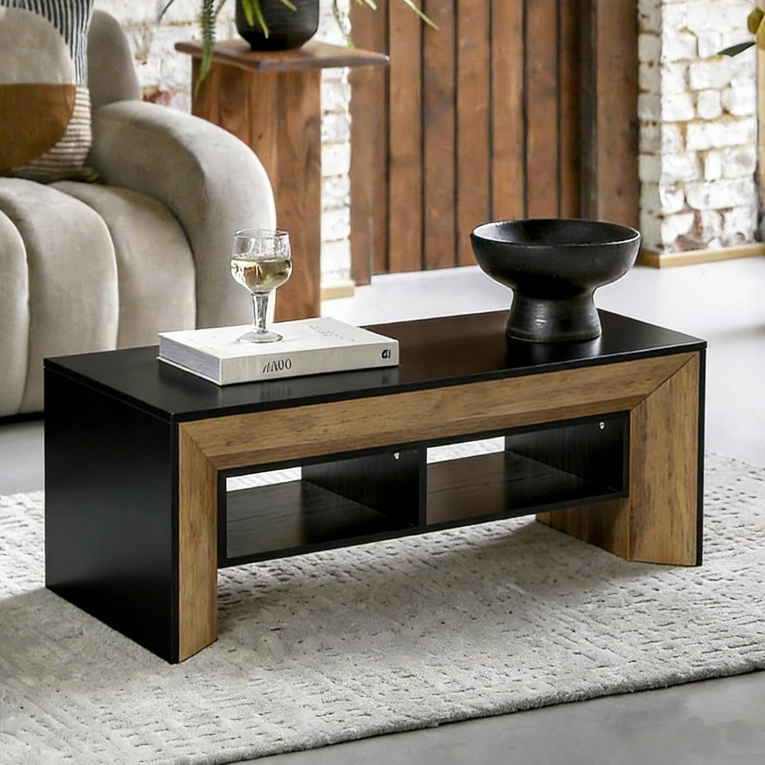 47" Modern Coffee Table, Rectangular Center Table with 2-Tier Storage