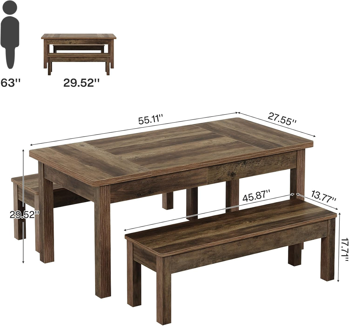 55" Farmhouse Kitchen Table Set for 4–6 People, 3 Piece Space Saving Dining Table with 2 Benches