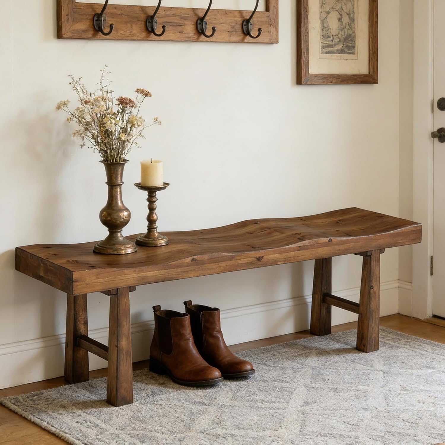 55" Entryway Bench, Solid Wood Storage Bench with Wave-Top Design for Foyer