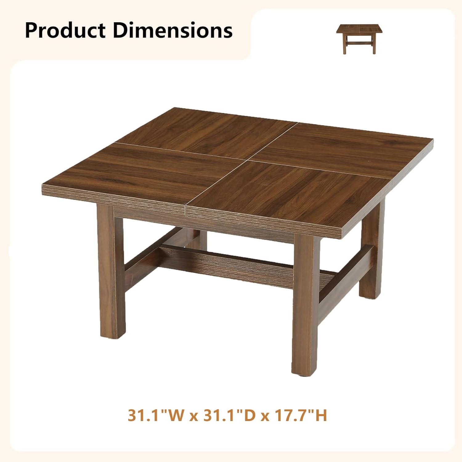31" Square Coffee Table, Wooden Farmhouse Center Table with Sturdy Legs