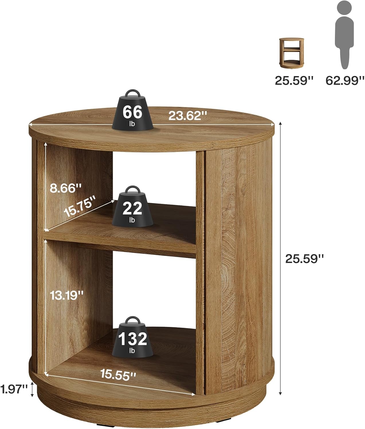 23.6" End Table, 3-Tier Round Side Table with Storage Shelf