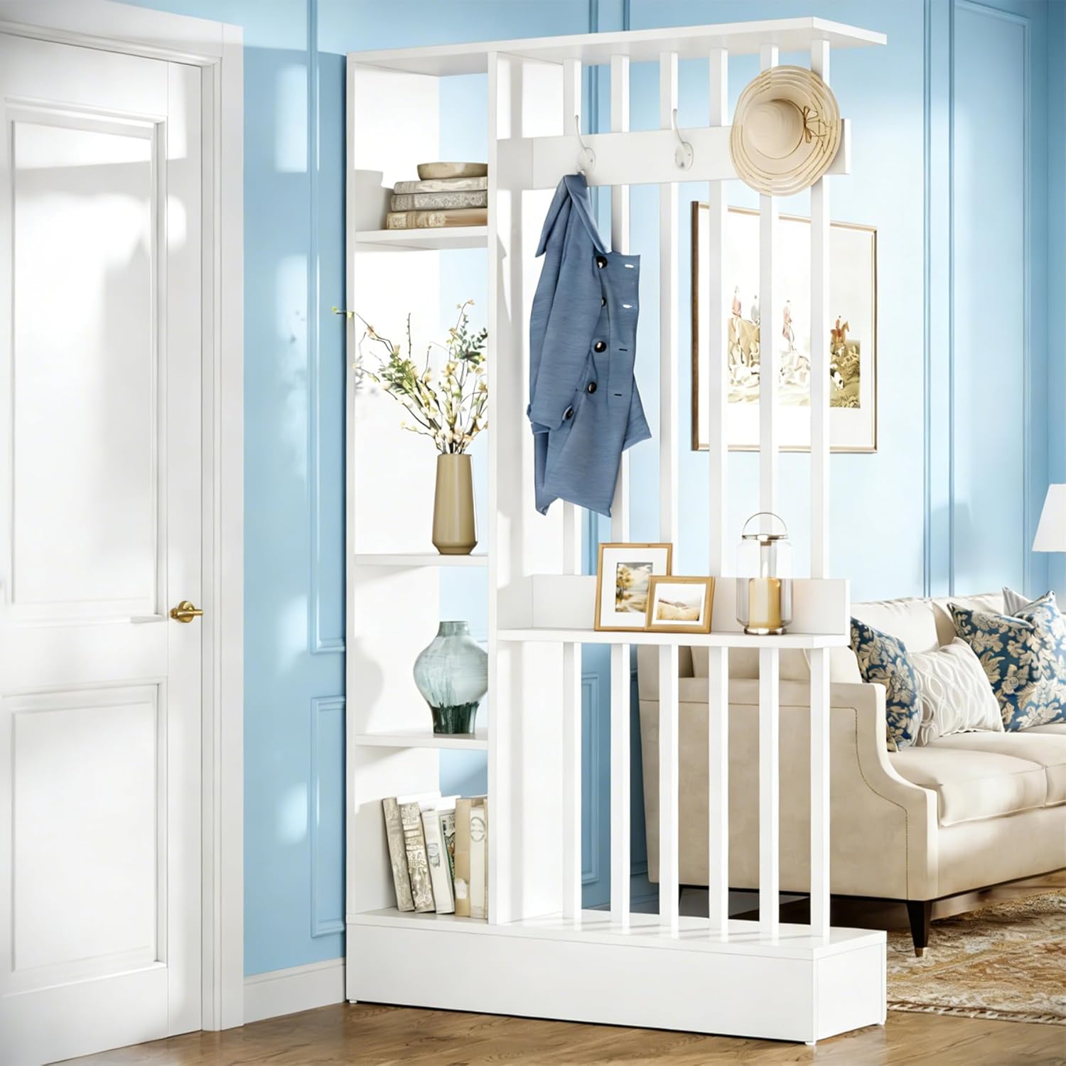 71" Wall Room Divider, Wood Freestanding Wall Partition Bookcase with Coat Hooks