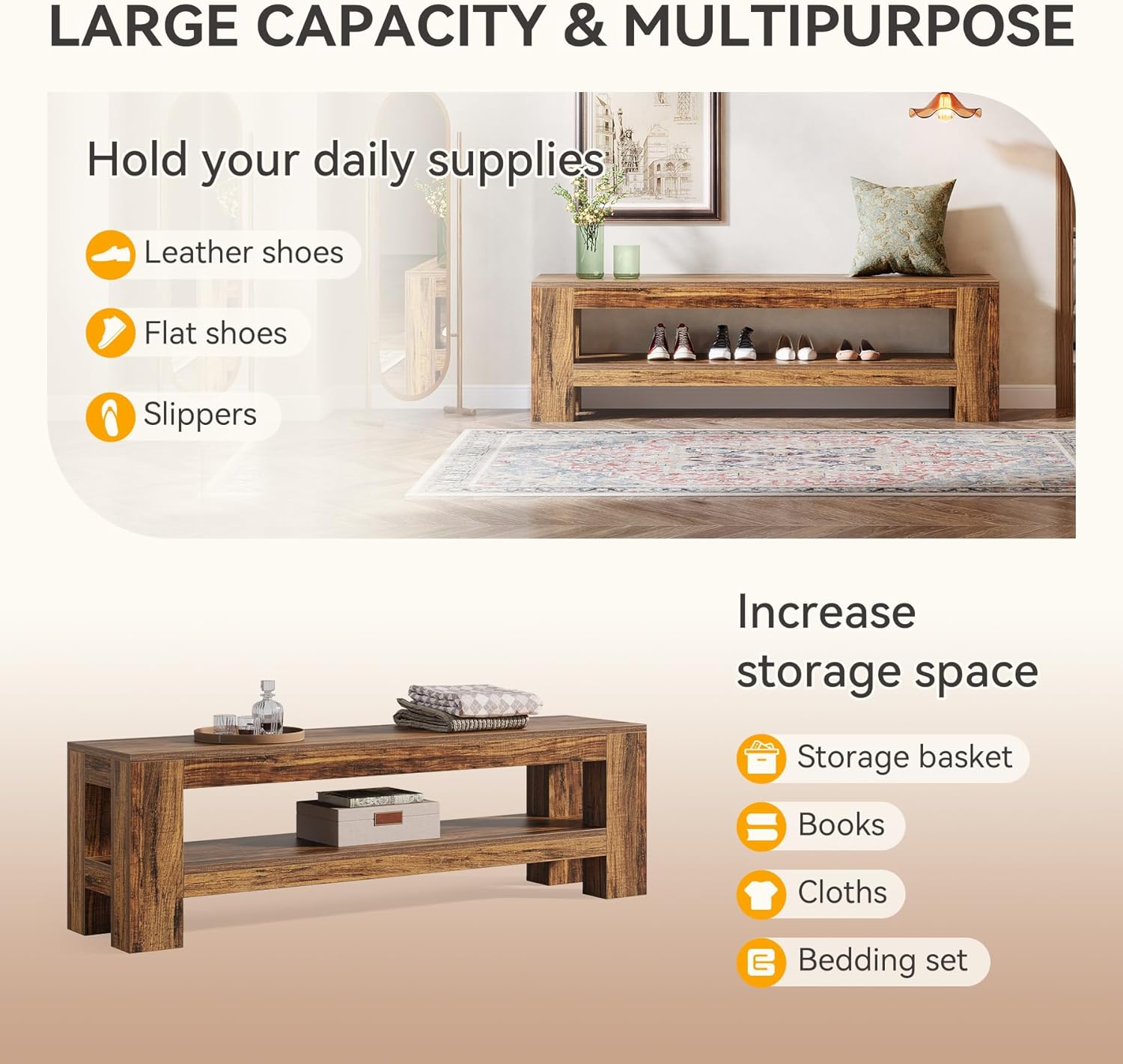 59" Farmhouse Entryway Bench, Wooden Shoe Bench End of Bed Bench with Shelf