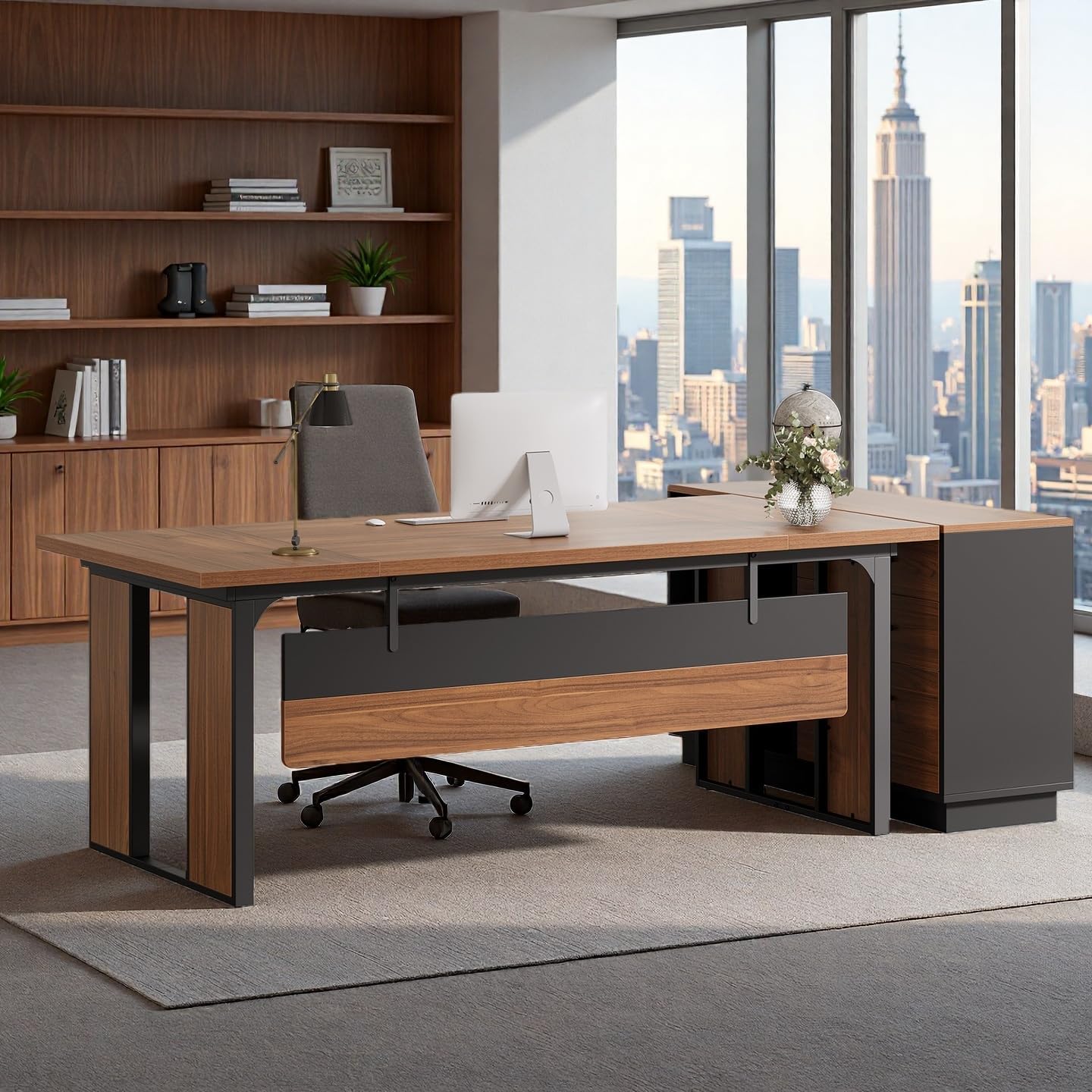 63" Executive Desk, Modern Computer Desk with Privacy Panel & Metal Frame