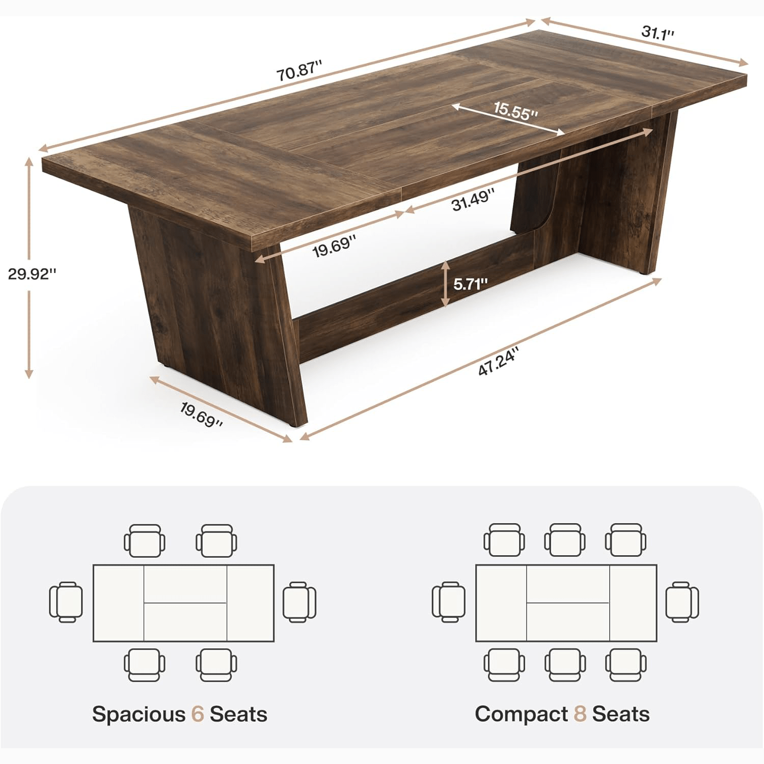 70.87" Rustic Brown Dining Table, Large Farmhouse Rectangular Table with Solid Pedestal Base