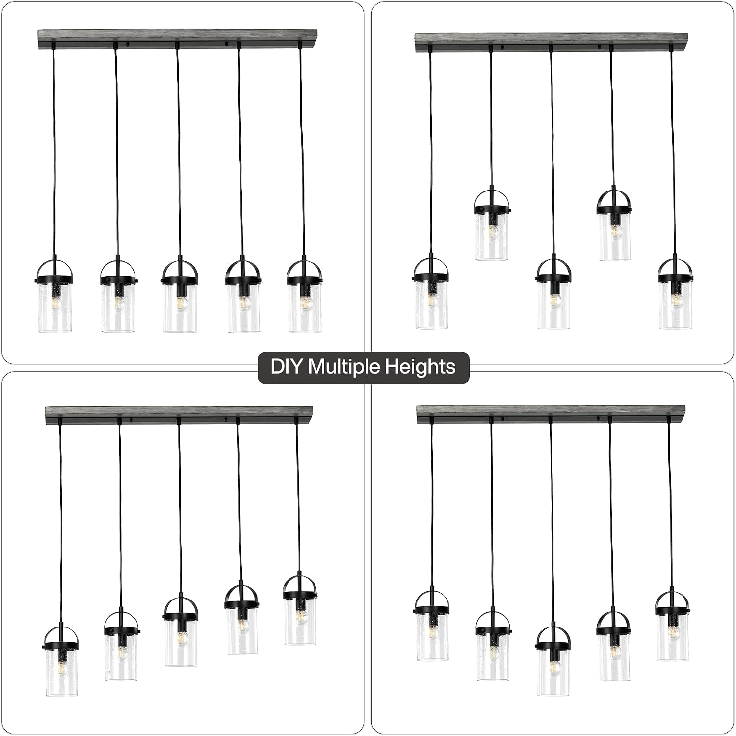 5-Light Linear Chandelier, Kitchen Island Lighting Fixture with Seeded Glass Shades, E26 Socket