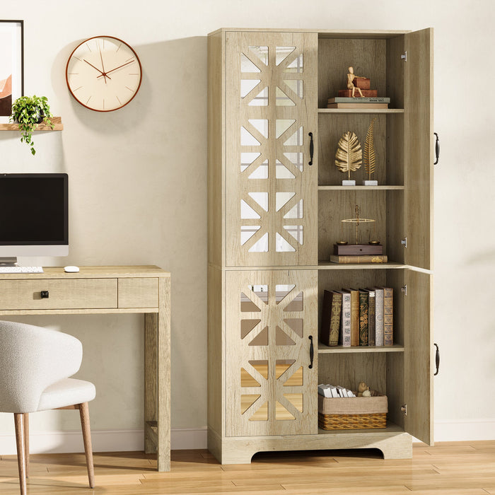 72" Kitchen Pantry, Freestanding Storage Cabinet with 4 Mirrored Doors Tribesigns