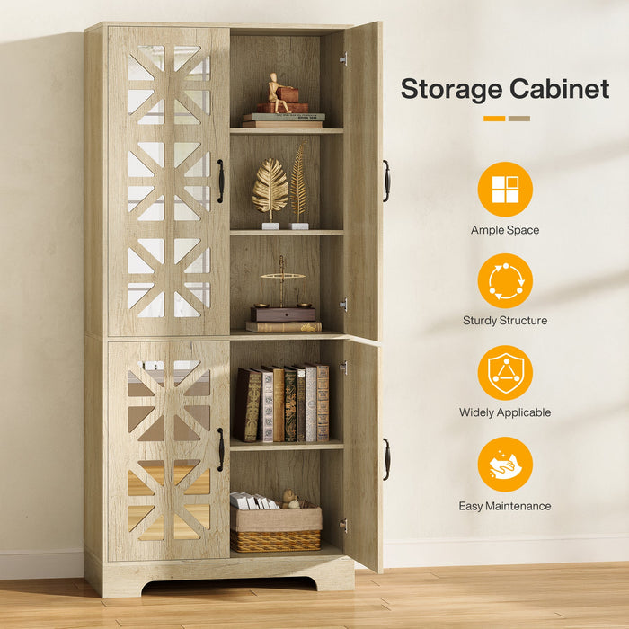 72" Kitchen Pantry, Freestanding Storage Cabinet with 4 Mirrored Doors Tribesigns