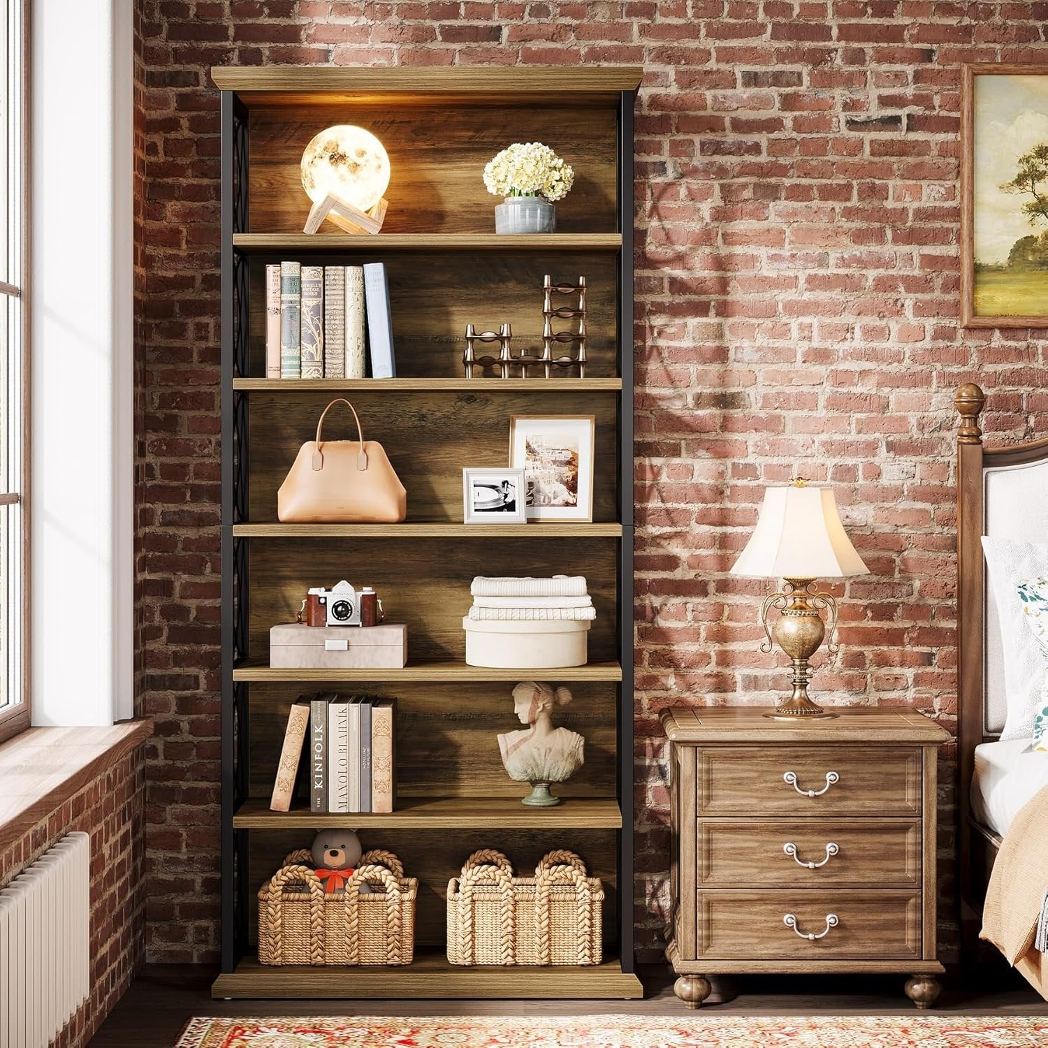 72" Tall Bookshelf, 6-Tier Industrial Etagere Bookcase with Open Storage Shelves