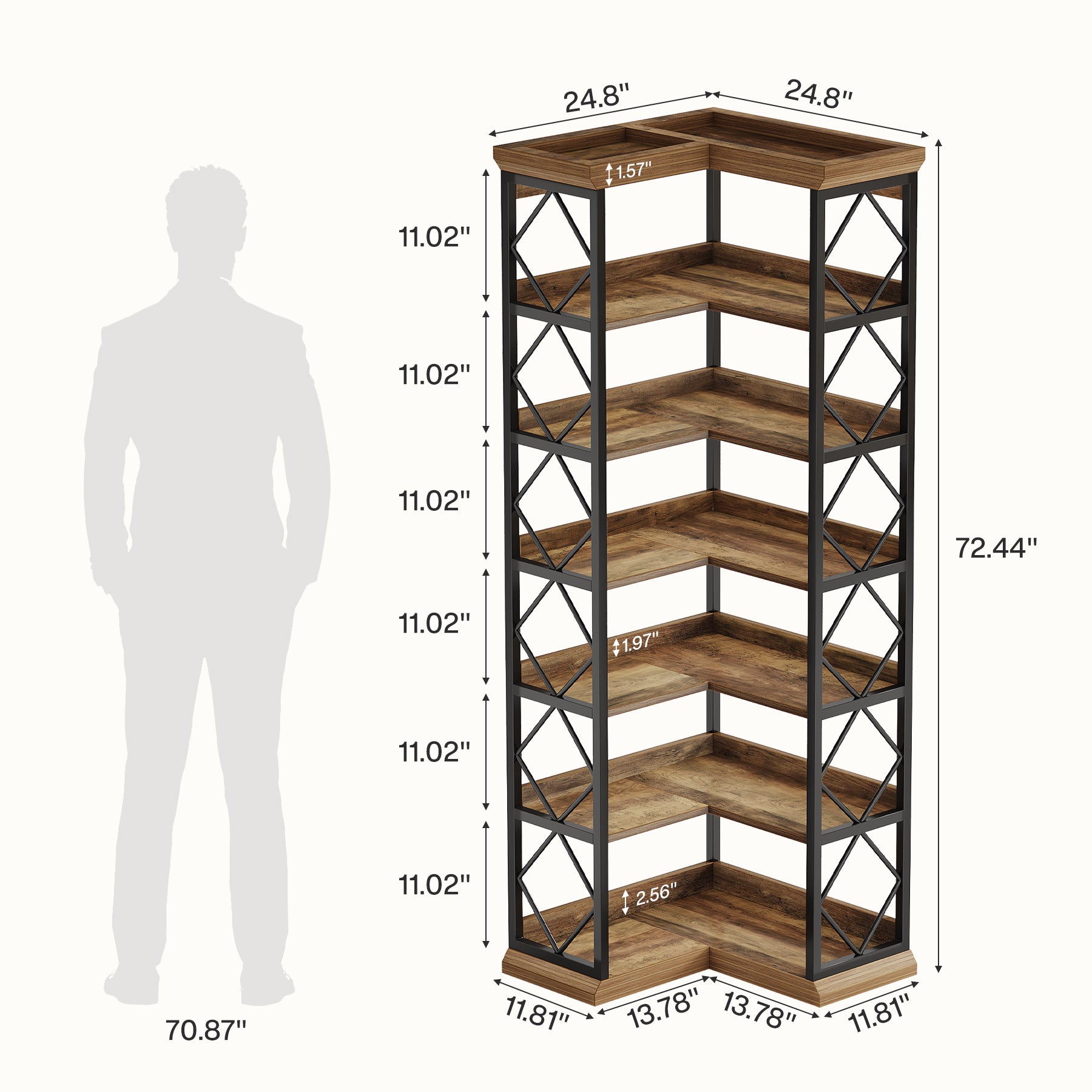 72" Tall Corner Bookshelf, 6-Tier L-Shaped Corner Bookcase with Back Baffle
