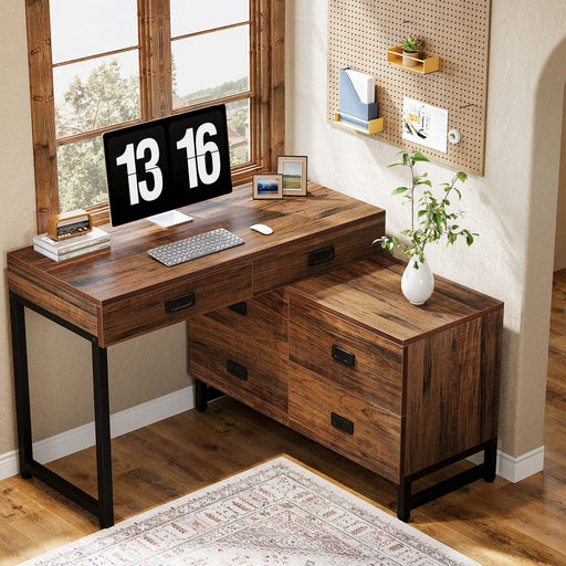 74" L - Shaped Computer Desk, Wood Office Desk with 4 - Drawer Cabinet Tribesigns