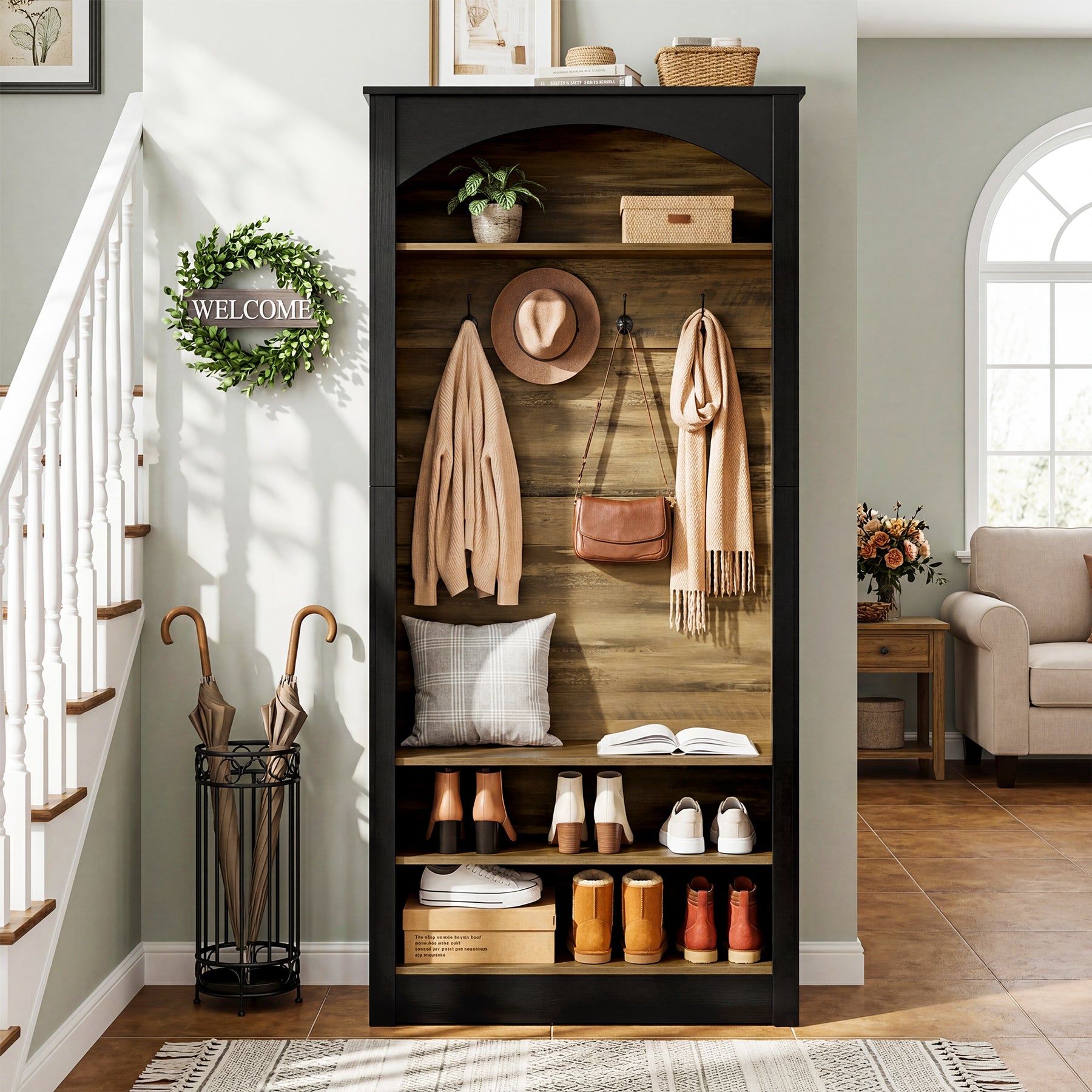 74.8" Hall Tree, 3-Tier Farmhouse Shoe Rack with Coat Rack for Entryway