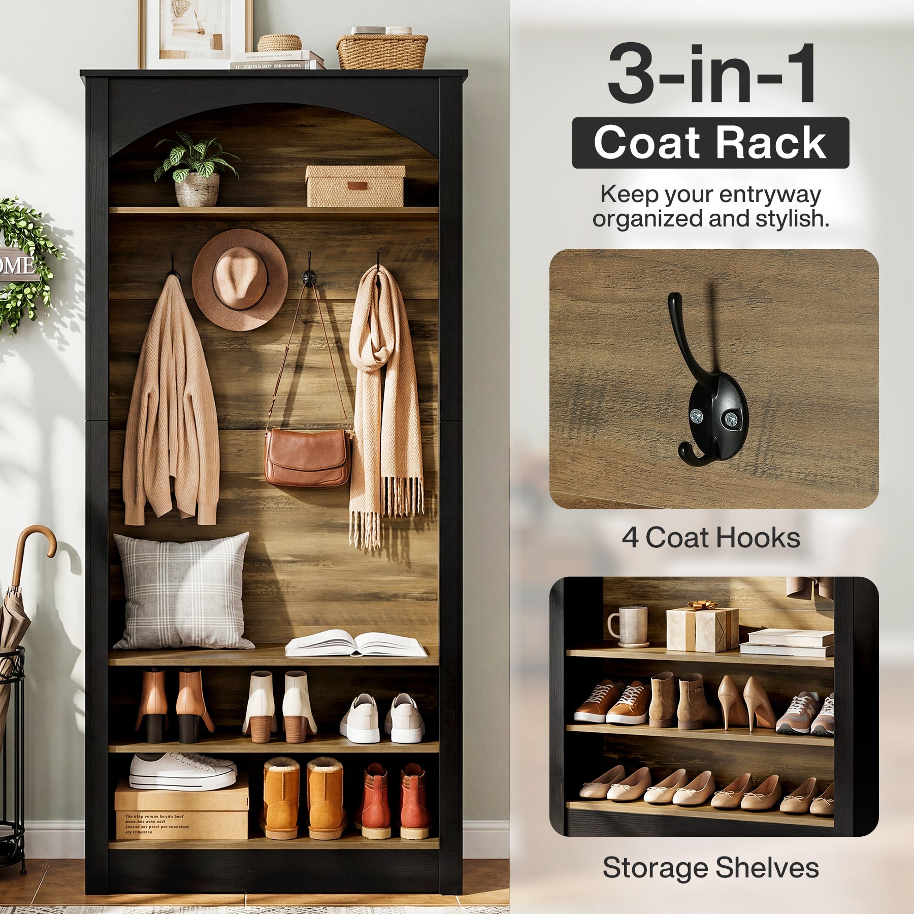 74.8" Hall Tree, 3-Tier Farmhouse Shoe Rack with Coat Rack for Entryway