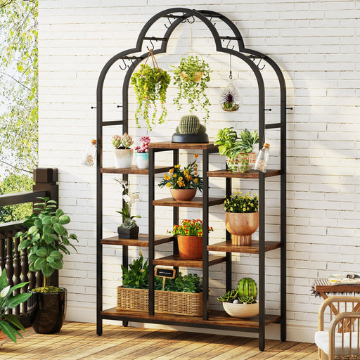 74.8" Arch Plant Stand, 6-Tier Flower Bonsai Shelf with 10 Hanging Hooks Tribesigns