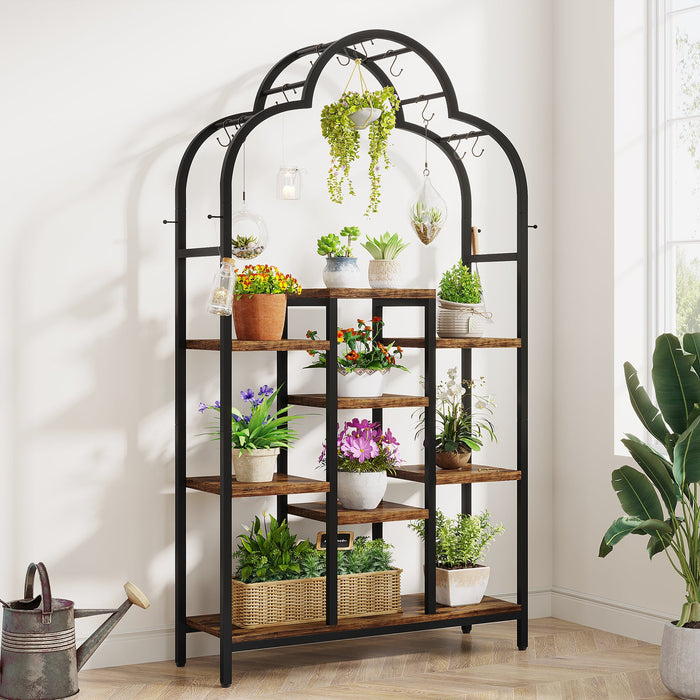74.8" Arch Plant Stand, 6-Tier Flower Bonsai Shelf with 10 Hanging Hooks Tribesigns