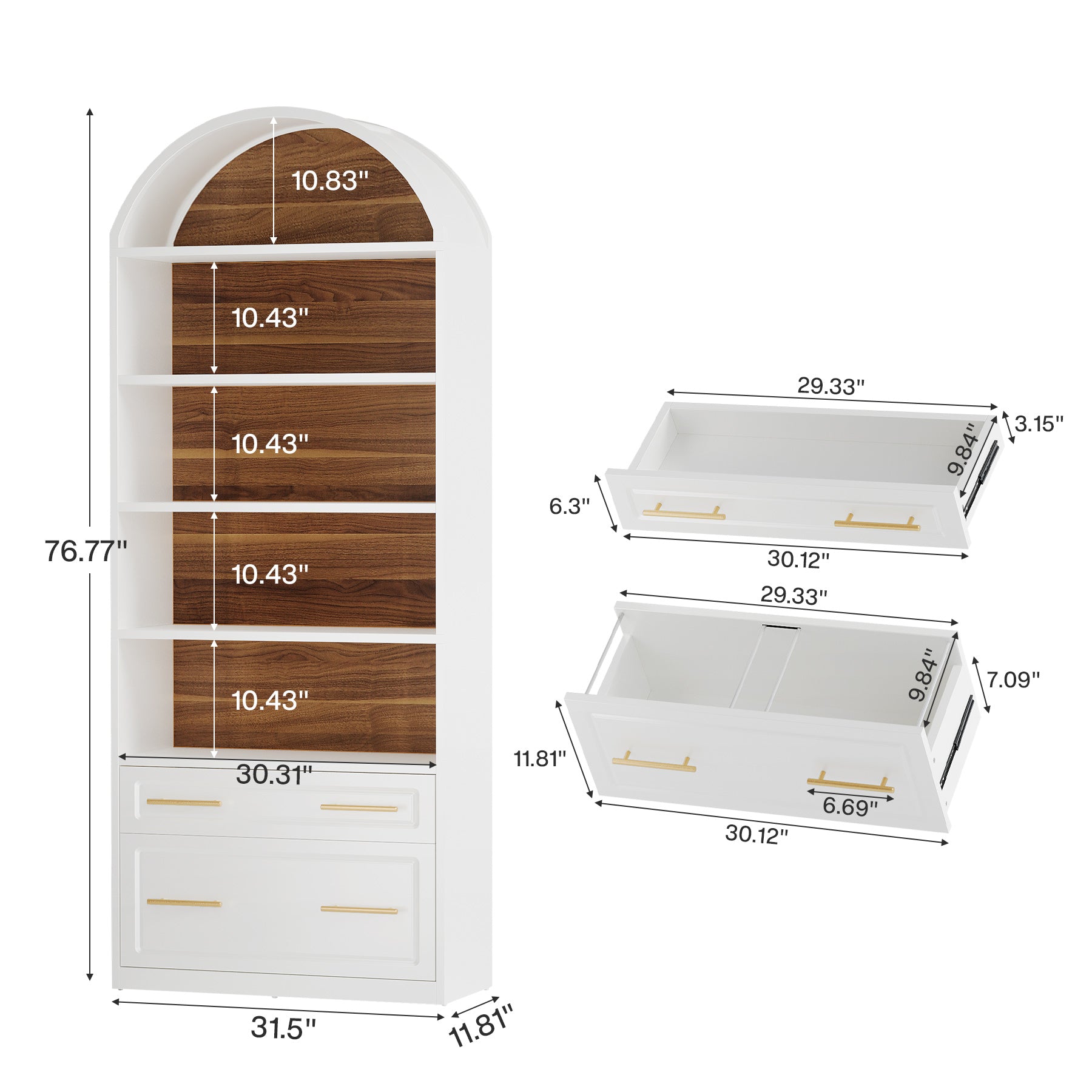 76.8" Arched Bookcase, 5-Tier Modern Bookshelf Display Shelf with File Cabinet Drawer