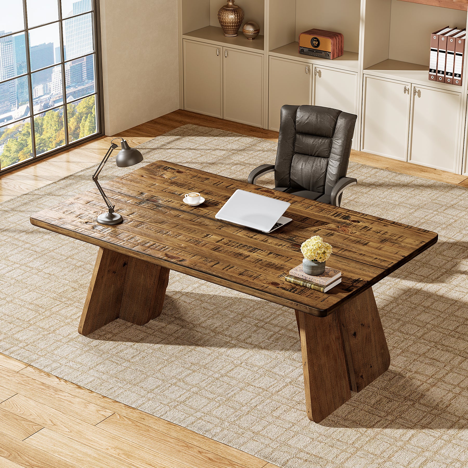 Solid Wood Executive Desk, 63" Office Computer Desk with Sturdy Legs