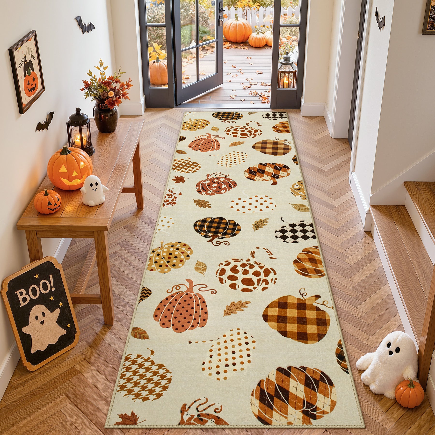 Multiple Sizes Fall Pumpkin Area Rug, Rectangular Washable Non-Slip Halloween Farmhouse Runner Rug