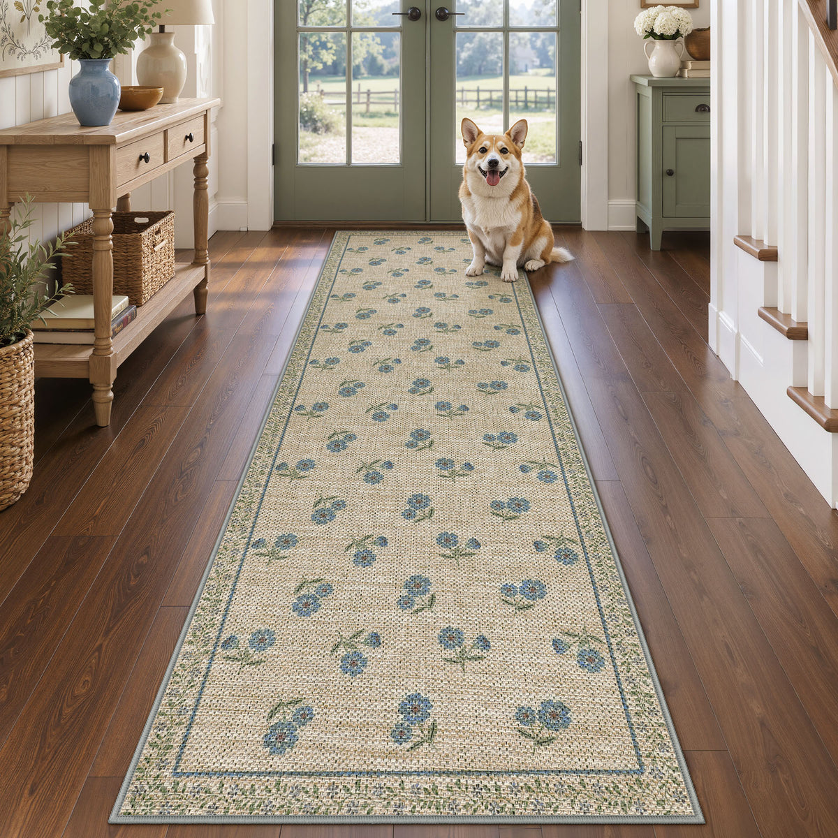 Farmhouse Floral Easy Jute Rug Washable Indoor Outdoor Low-Pile Area Rug