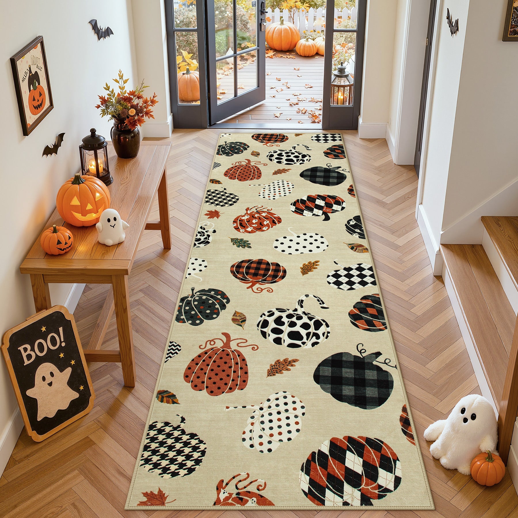 Multiple Sizes Fall Pumpkin Area Rug, Rectangular Washable Non-Slip Halloween Farmhouse Runner Rug