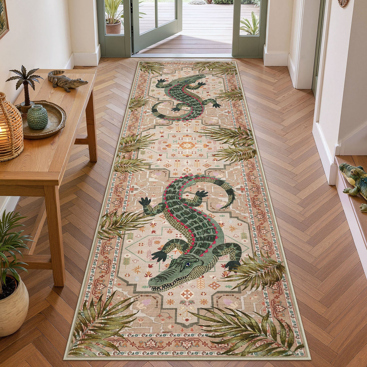 Vintage Alligator Print Area Rug, Washable Non-Slip Soft Low-Pile Carpet, Bedroom Living Room Kids