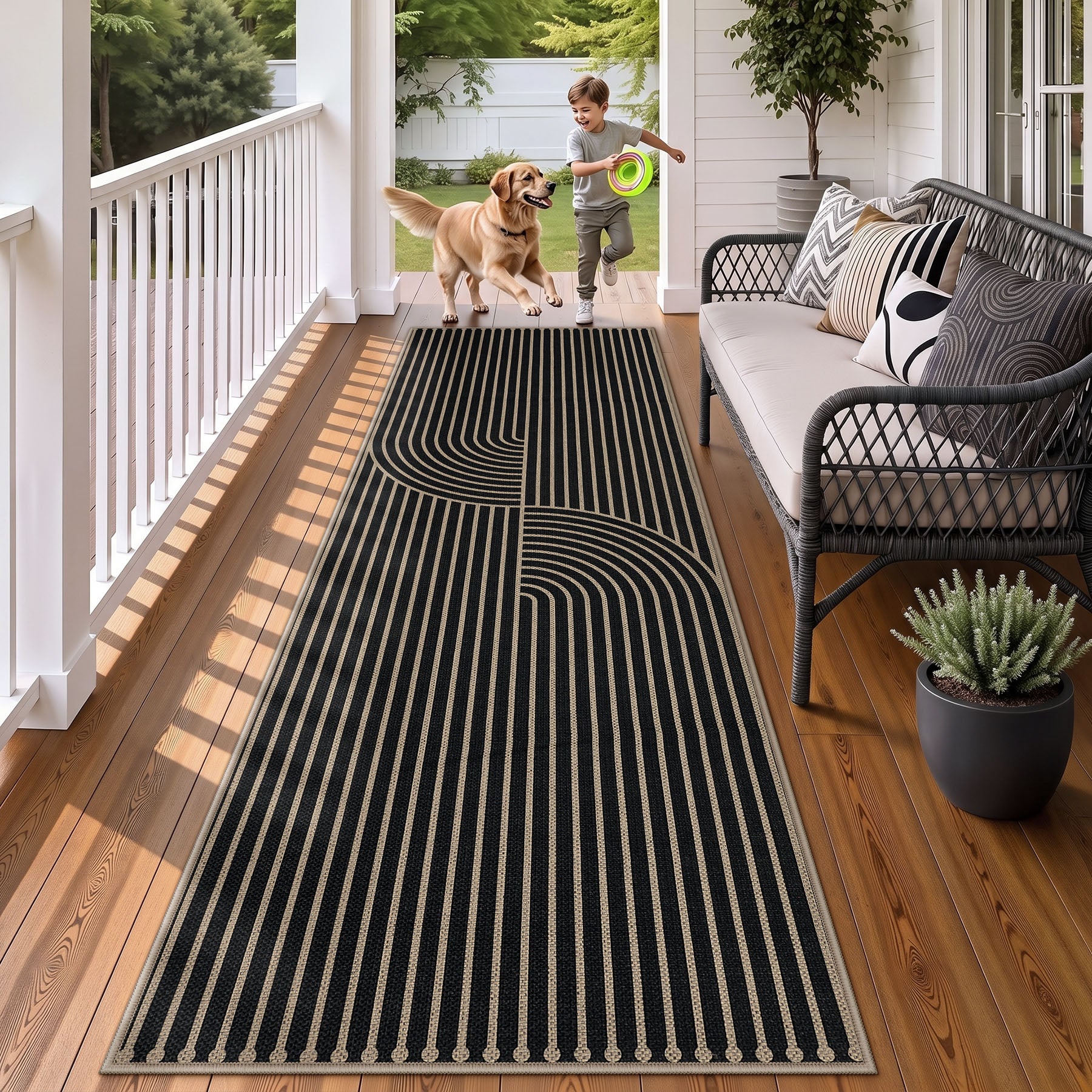 Boho Jute Washable Area Rug, Non-Slip Neutral Abstract, Indoor Outdoor Entryway Kitchen Patio Rug