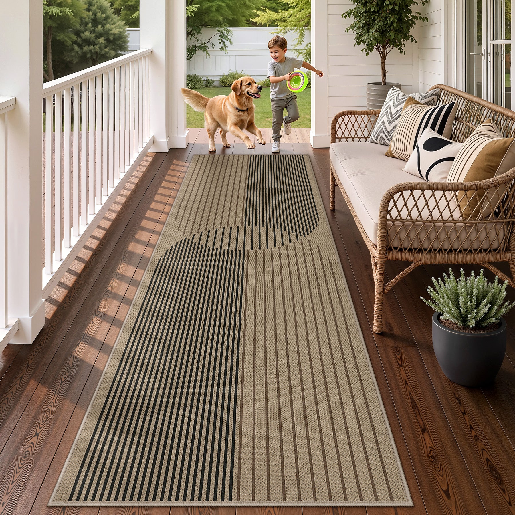 Boho Jute Washable Area Rug, Non-Slip Neutral Abstract, Indoor Outdoor Entryway Kitchen Patio Rug