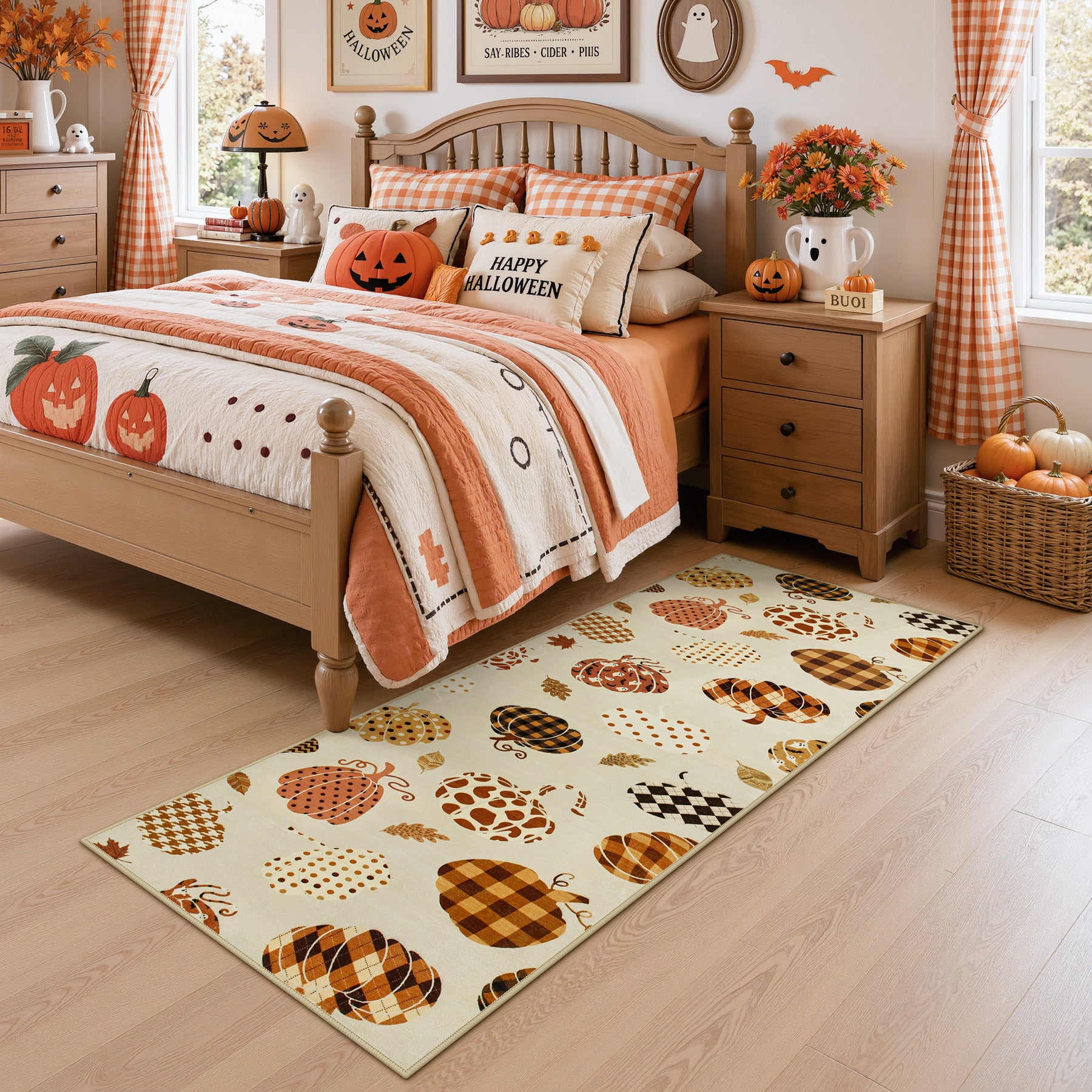 Multiple Sizes Fall Pumpkin Area Rug, Rectangular Washable Non-Slip Halloween Farmhouse Runner Rug