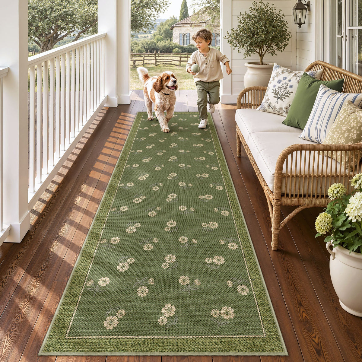 Farmhouse Floral Easy Jute Rug Washable Indoor Outdoor Low-Pile Area Rug